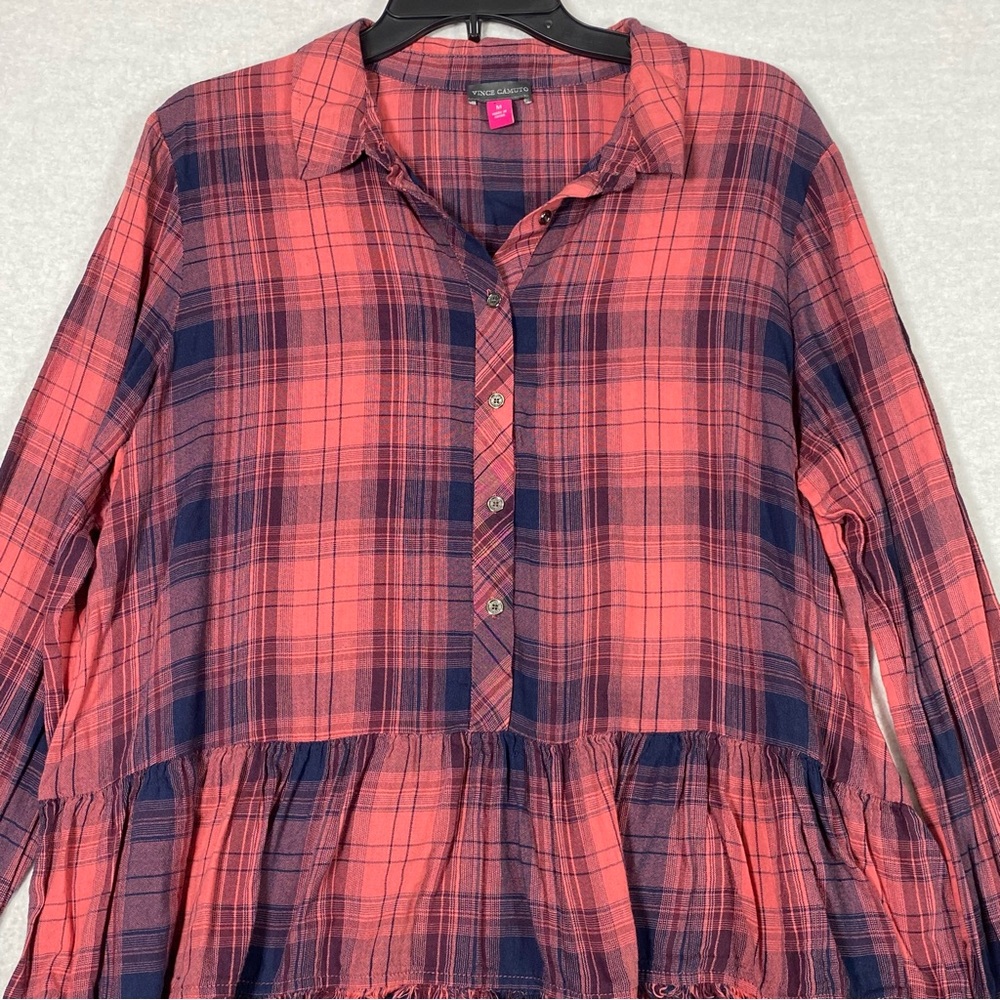 Vince Camuto Plaid Peplum Blouse Women's M Red Blue Frayed Hem Long Sleeve Flowy - Picture 2 of 15